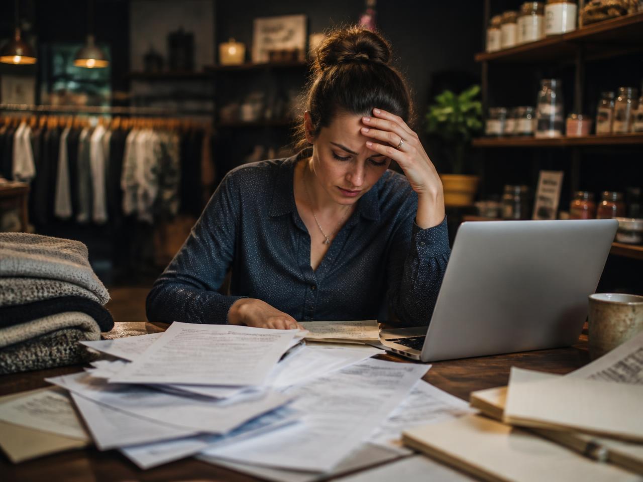 A local business owner reviewing invoices and marketing bills at her shop counter