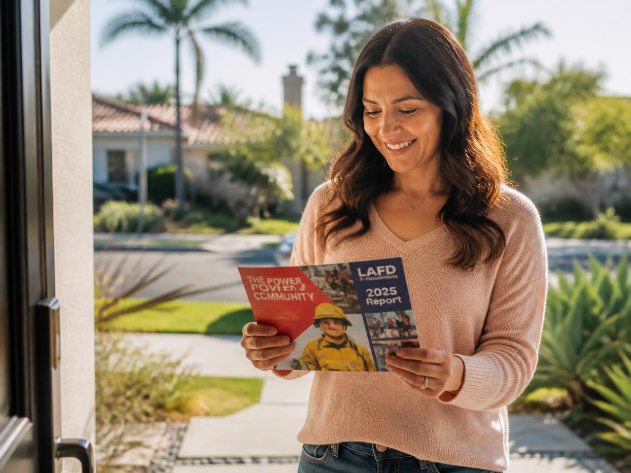 A resident receiving a colorful community mailer at her front door